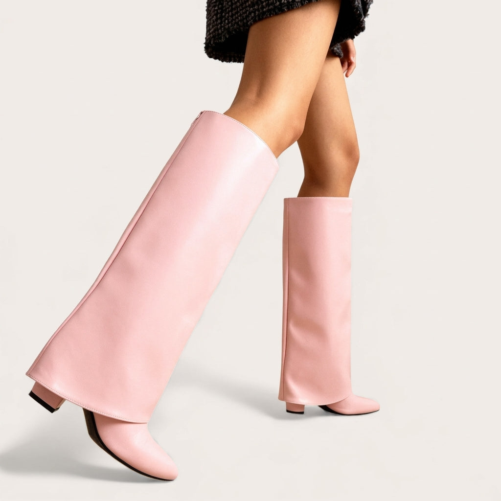 Natalie Voss | Black Faux Leather Knee-High Wedge Boots For Women
