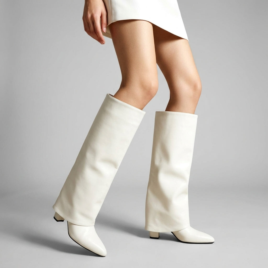 Natalie Voss | Black Faux Leather Knee-High Wedge Boots For Women