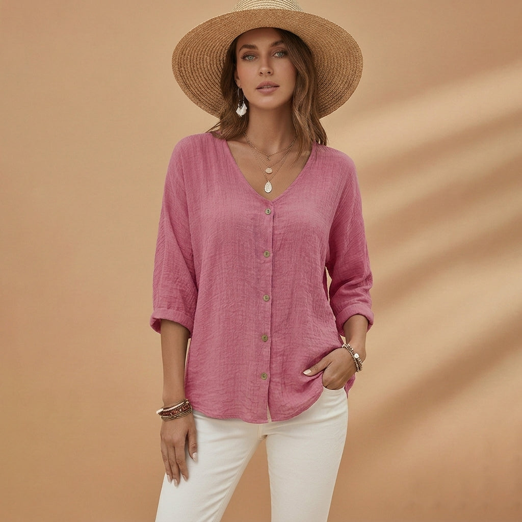 Marguerite Solano | Linen-Blend V-Neck Button Blouse For Women