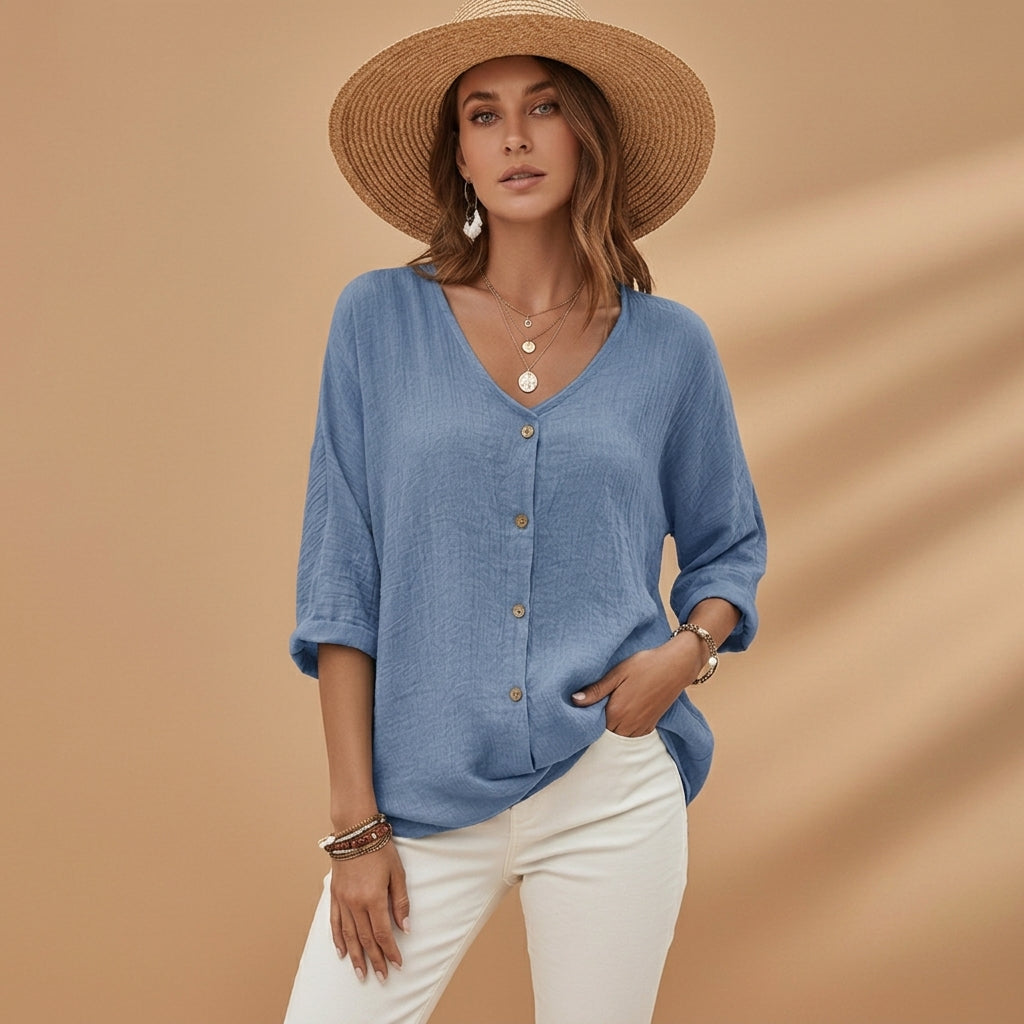 Marguerite Solano | Linen-Blend V-Neck Button Blouse For Women