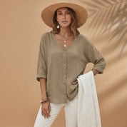 Marguerite Solano | Linen-Blend V-Neck Button Blouse For Women