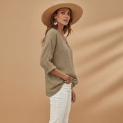 Marguerite Solano | Linen-Blend V-Neck Button Blouse For Women