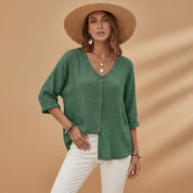Marguerite Solano | Linen-Blend V-Neck Button Blouse For Women