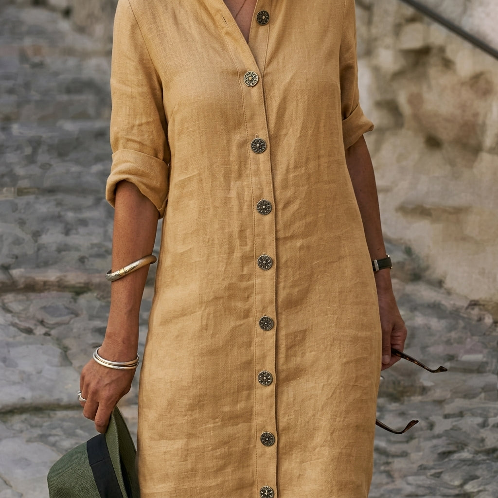 Aurelie Stonecroft | Button-Down Linen Midi Dress For Women