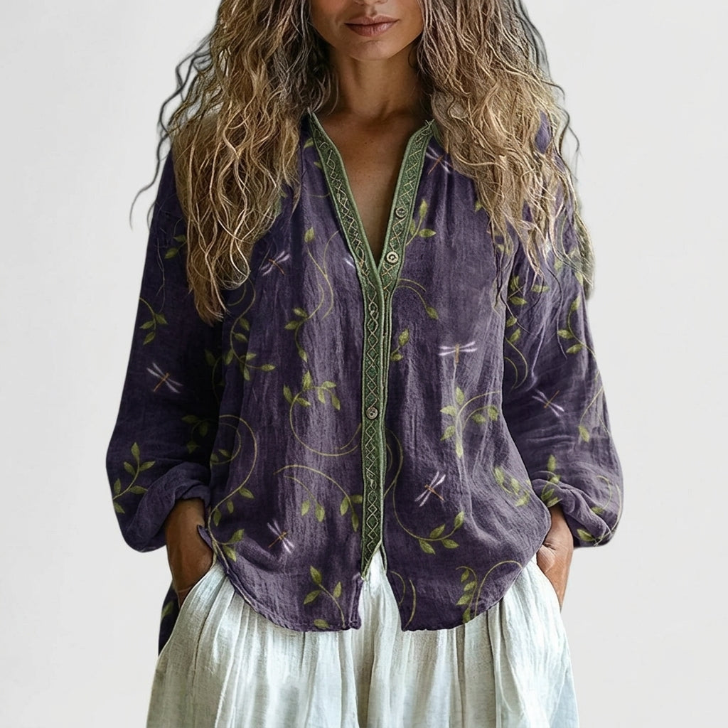 Charlotte Young | Boho Floral Print Long Sleeve Blouse in Olive Green