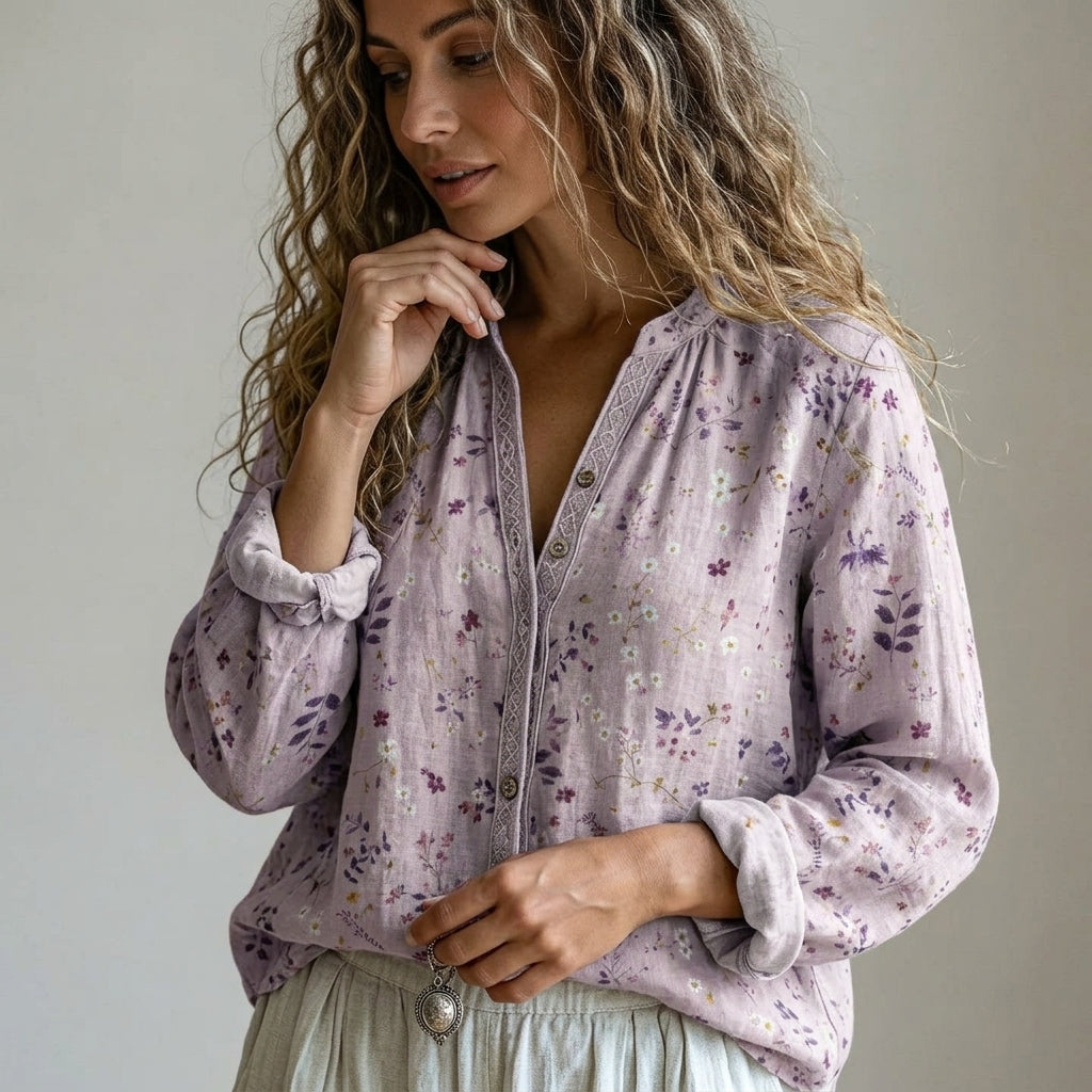 Charlotte Young | Boho Floral Print Long Sleeve Blouse in Olive Green