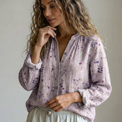 Charlotte Young | Boho Floral Print Long Sleeve Blouse in Olive Green