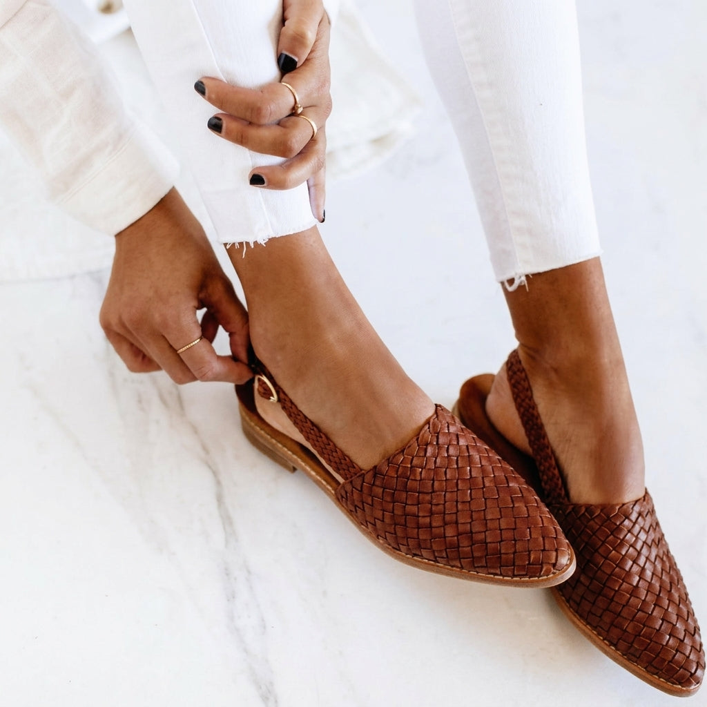 Alessandra Conte | Woven Leather Slingback Loafer Flat in Tan
