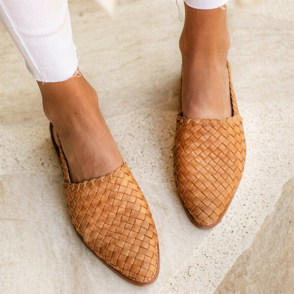 Alessandra Conte | Woven Leather Slingback Loafer Flat in Tan