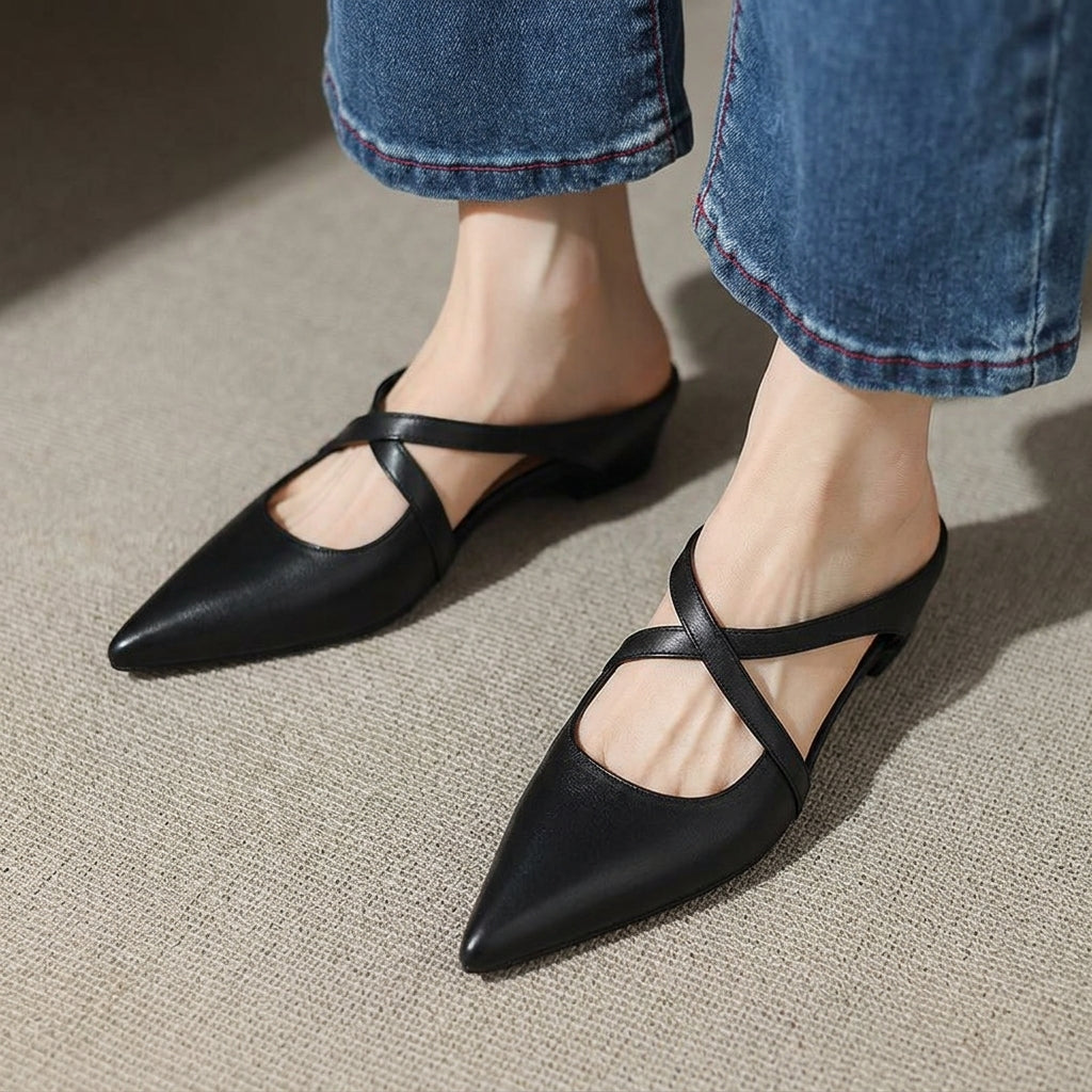 Rosette Cavallini | Red Leather Pointed-Toe Mule Flats For Women