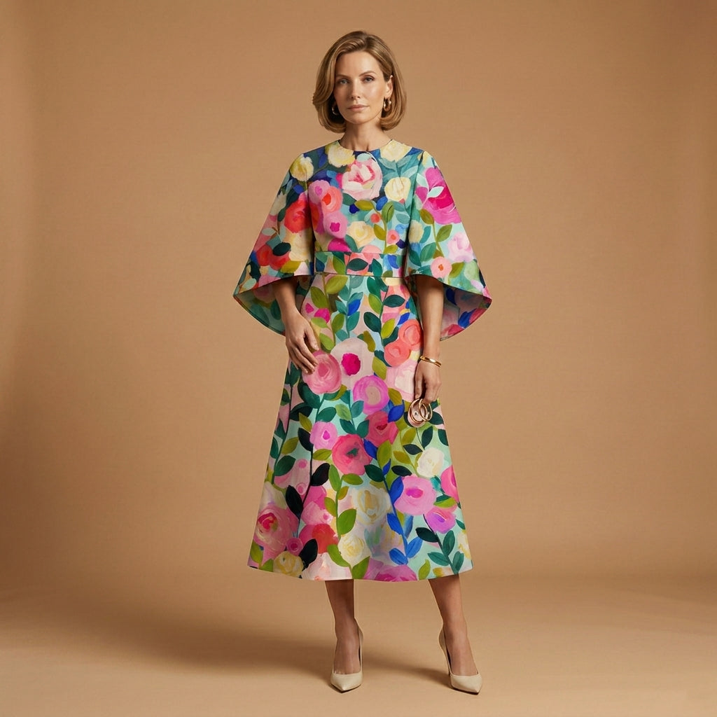 Valentina Corso | Geometric Print Cape-Sleeve Midi Dress For Women