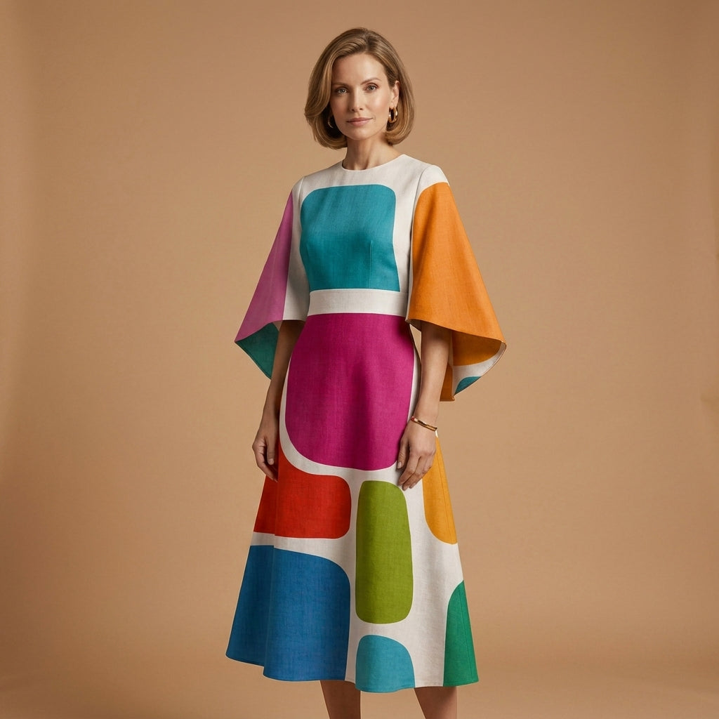 Valentina Corso | Geometric Print Cape-Sleeve Midi Dress For Women