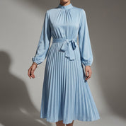 Emmeline Varcourt | Plissé Belted High-Neck Pleated Midi Dress For Women