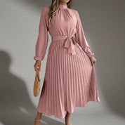 Emmeline Varcourt | Plissé Belted High-Neck Pleated Midi Dress For Women