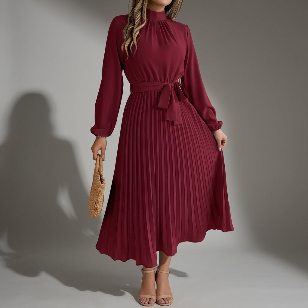 Emmeline Varcourt | Plissé Belted High-Neck Pleated Midi Dress For Women