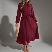 Emmeline Varcourt | Plissé Belted High-Neck Pleated Midi Dress For Women