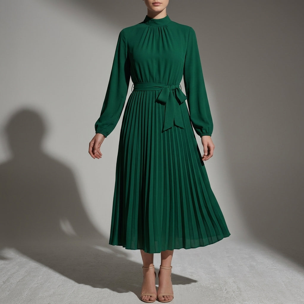 Emmeline Varcourt | Plissé Belted High-Neck Pleated Midi Dress For Women