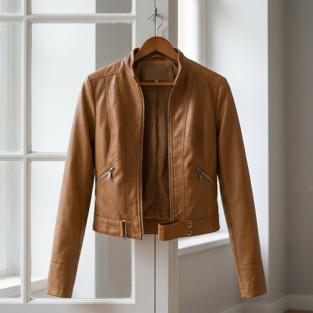 Renata Blackwell | Moto High-Collar Faux Leather Jacket For Women