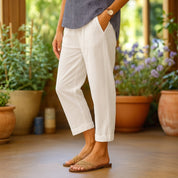 Celeste Rivard | White Cropped Linen Trousers For Women