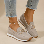 Camille Favreau | Gold Buckle Knit Loafers For Women