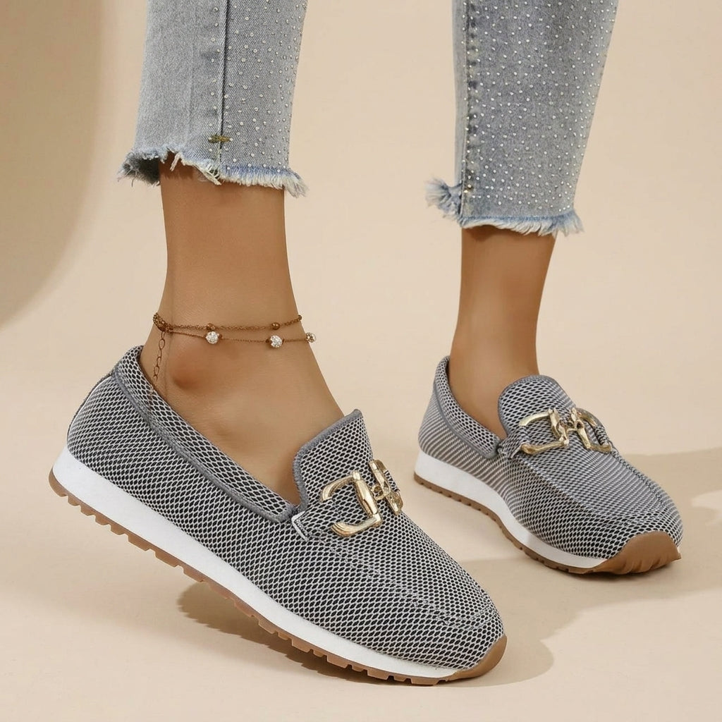 Camille Favreau | Gold Buckle Knit Loafers For Women