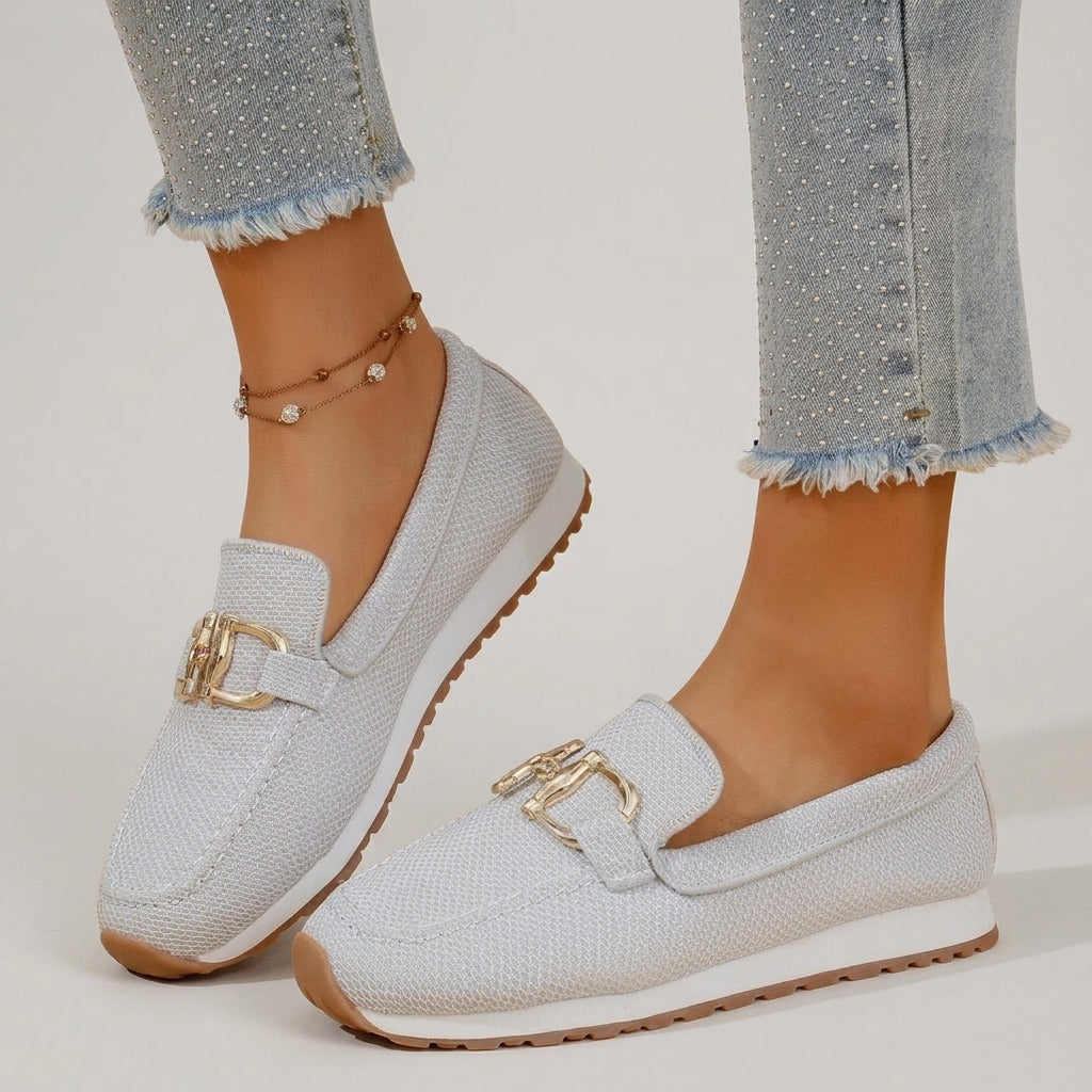 Camille Favreau | Gold Buckle Knit Loafers For Women