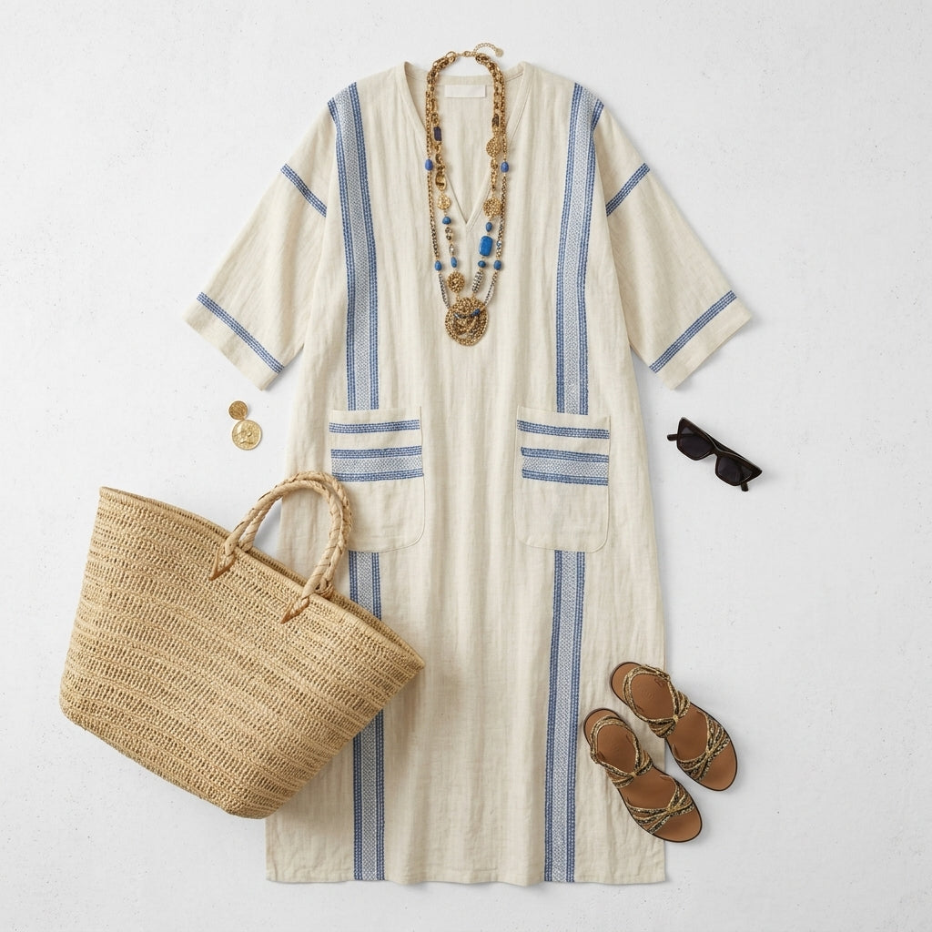 Elara Sandoval | Santorini Stripe Kaftan Midi Dress For Women