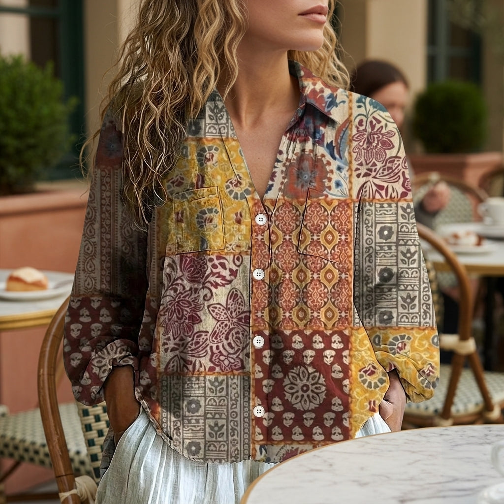 Colette Vanburen | Carmen Printed V-Neck Boho Blouse For Women