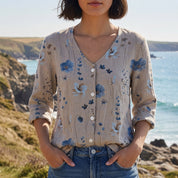 Layla Mitchell | Floral Linen Blouse with 3/4 Sleeves in Mint Blue