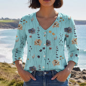Layla Mitchell | Floral Linen Blouse with 3/4 Sleeves in Mint Blue