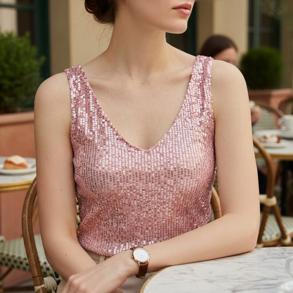 Fleur Vossberg | Green Sequin V-Neck Tank Top For Women
