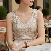Fleur Vossberg | Green Sequin V-Neck Tank Top For Women