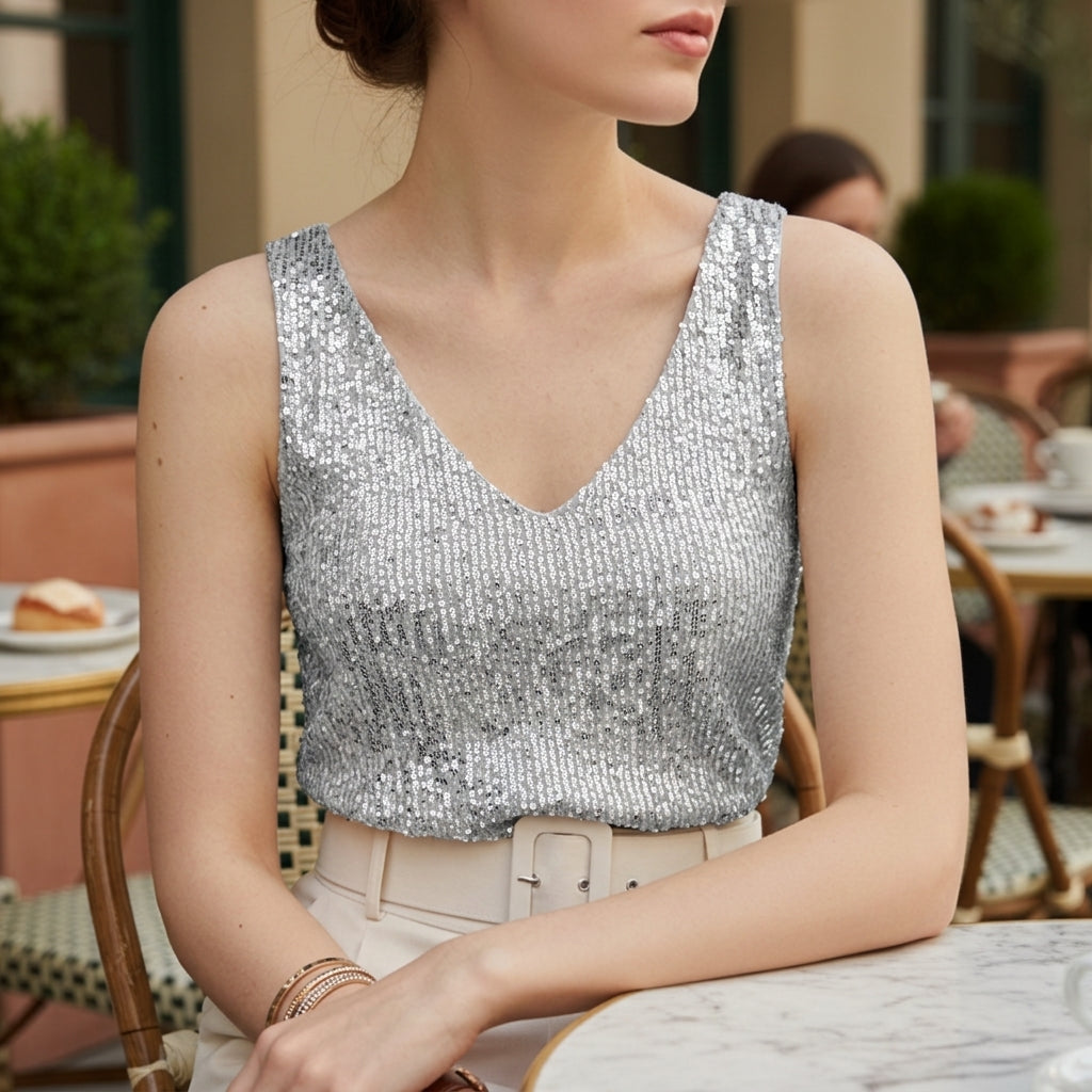 Fleur Vossberg | Green Sequin V-Neck Tank Top For Women