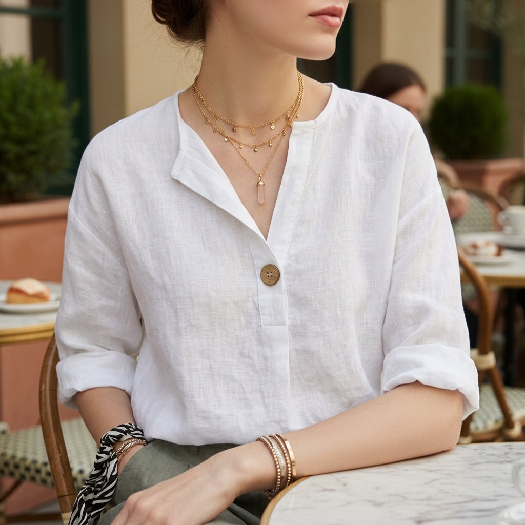 Penelope Hall | V-Neck Casual Linen Blouse in Natural Beige
