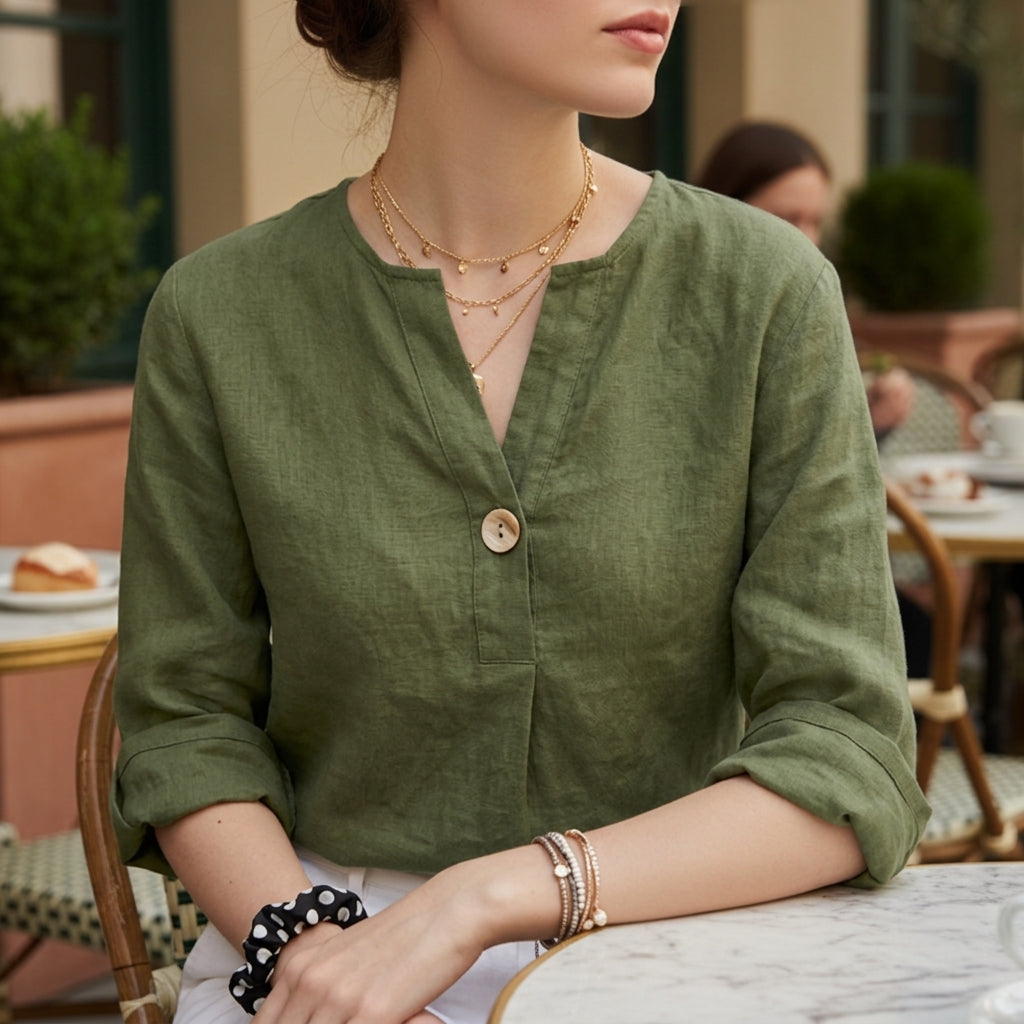 Penelope Hall | V-Neck Casual Linen Blouse in Natural Beige