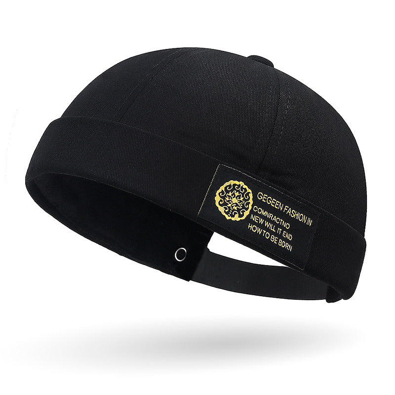 Side Patch Brimless Skull Cap Hat - Black