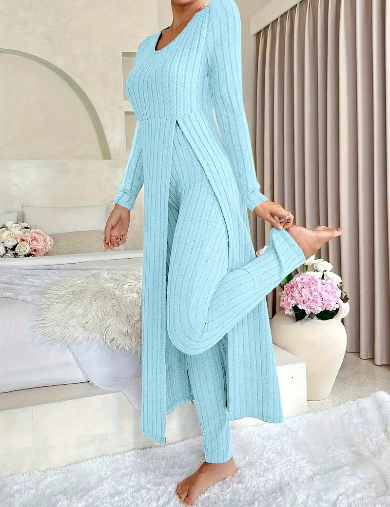 Danielle Castillon | Ribbed Knit Duster Cardigan & Pants Set For Women