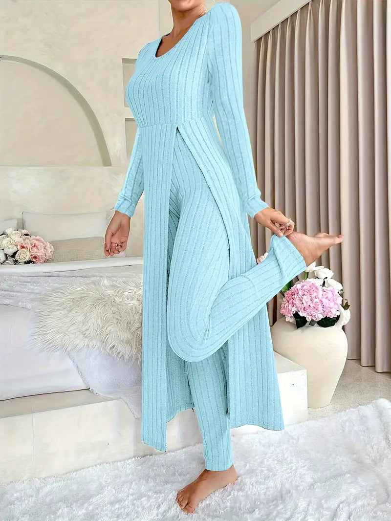 Danielle Castillon | Ribbed Knit Duster Cardigan & Pants Set For Women