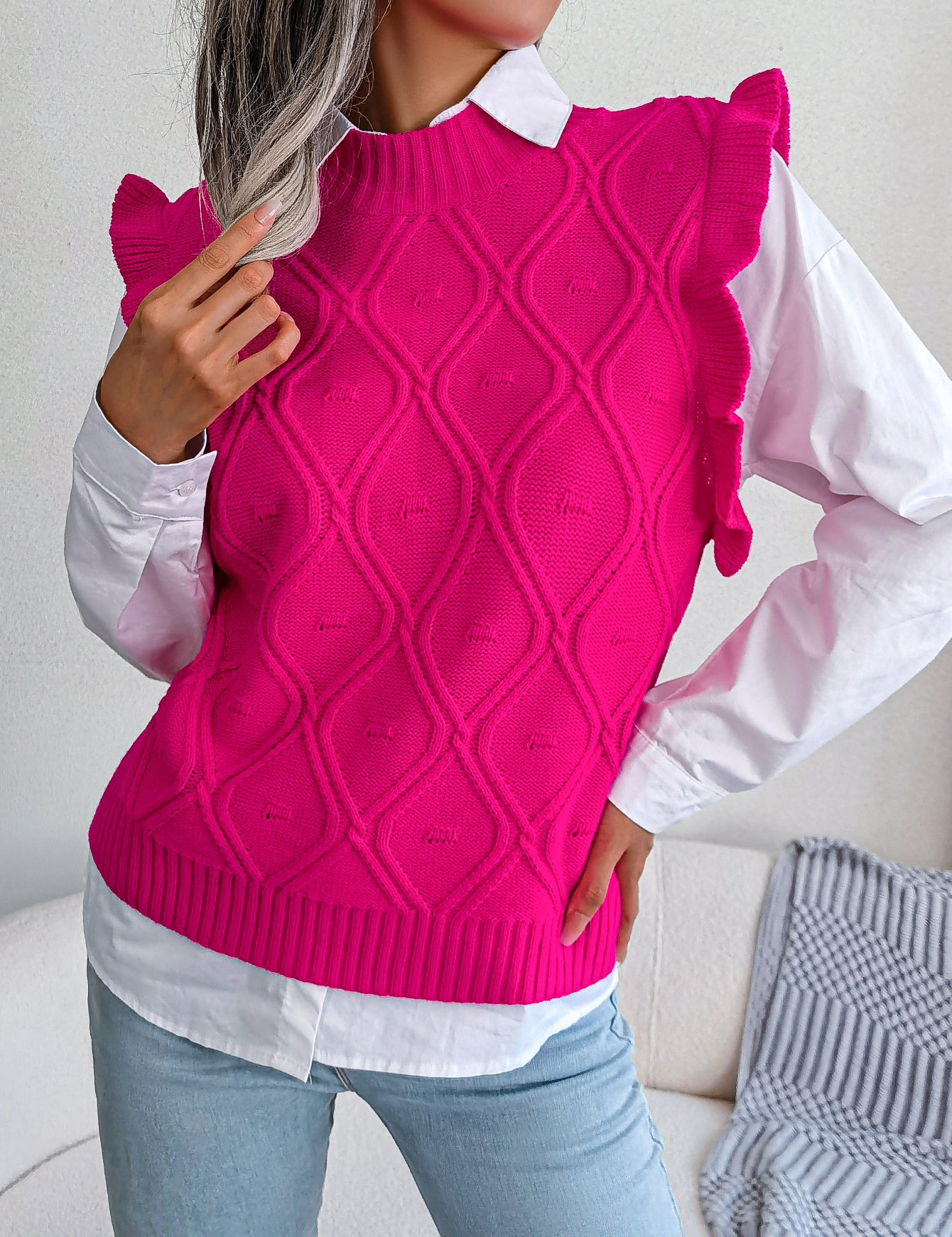 Yvette Bellamont | Ruffled Diamond Knit Sweater Vest For Women