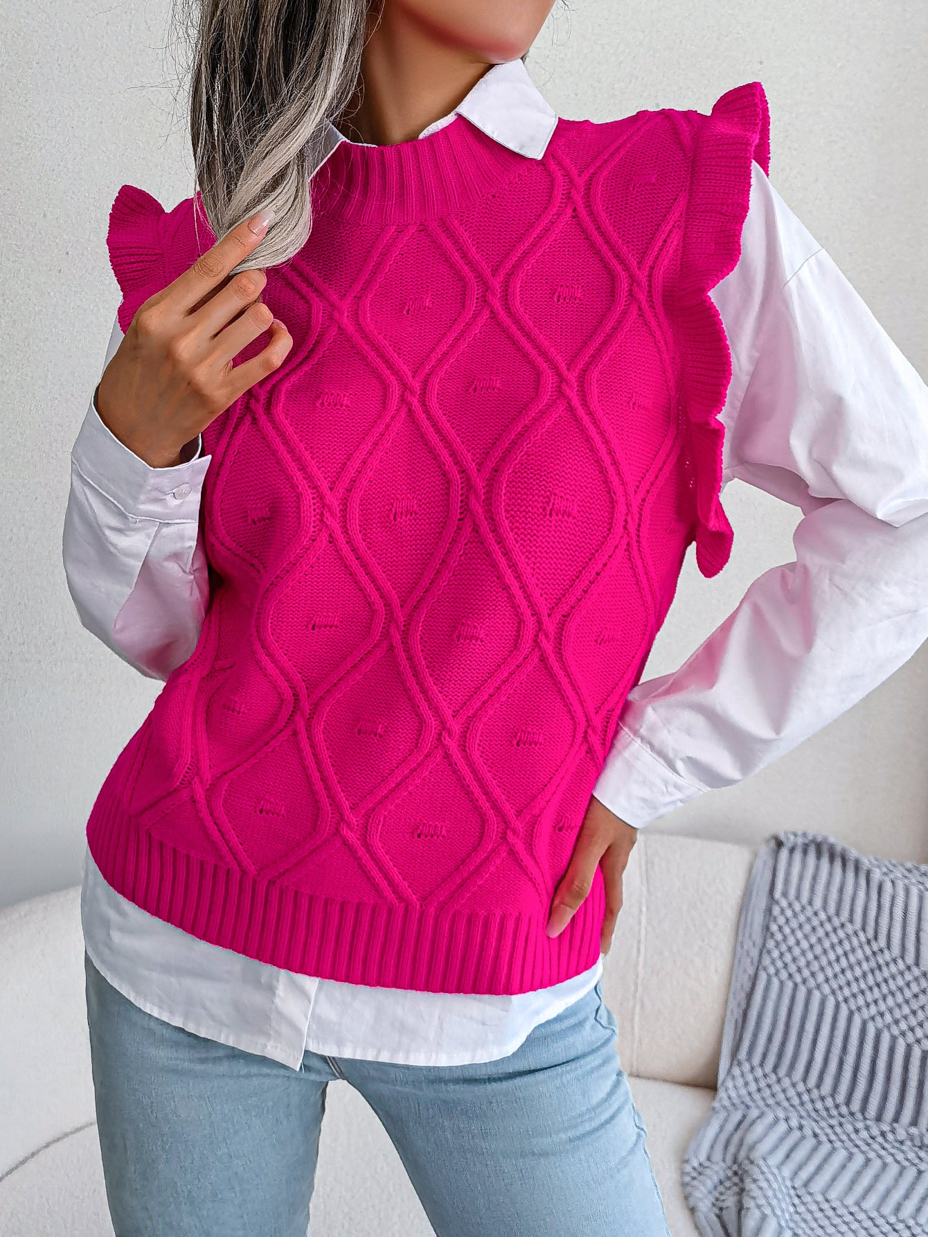 Yvette Bellamont | Ruffled Diamond Knit Sweater Vest For Women