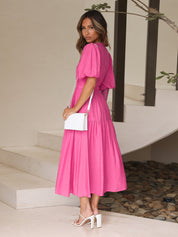 Antoinette Beauvray | Black V-Neck Puff Sleeve Midi Dress with Smocked Waist