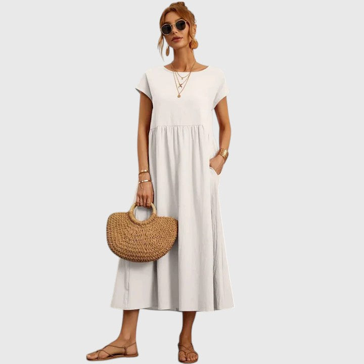 Rosalind Evermore | Navy Blue Cap Sleeve Midi Dress with Pockets