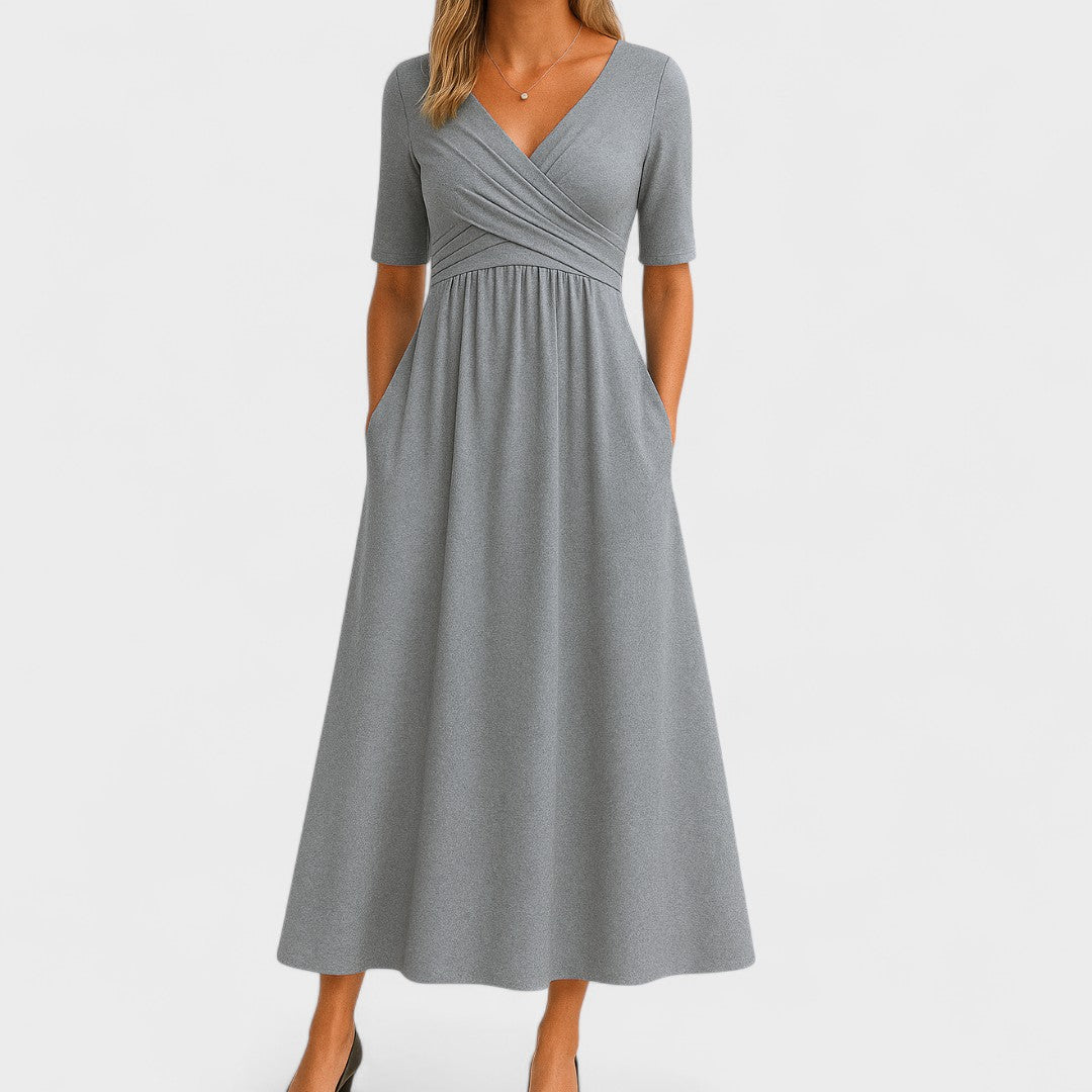Aurelia Wyndcroft | Grey V-Neck Midi Dress with Pockets