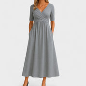 Aurelia Wyndcroft | Grey V-Neck Midi Dress with Pockets