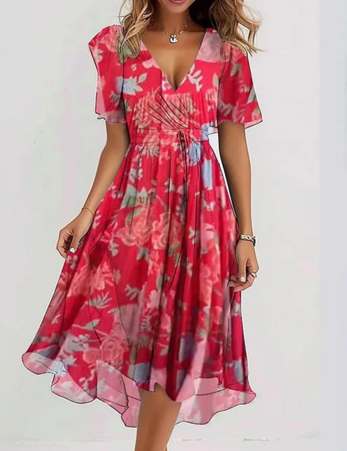 Clarisse Montveil | Floral Chiffon Midi Wrap Dress with Flutter Sleeves