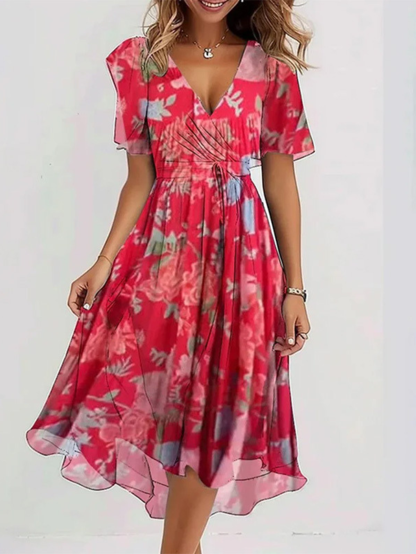 Clarisse Montveil | Floral Chiffon Midi Wrap Dress with Flutter Sleeves