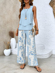 Sylvette Montcourt | Sleeveless Layered Top & Leaf-Print Wide-Leg Pants Set