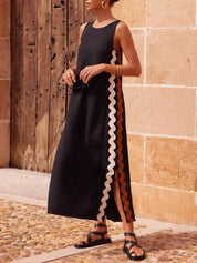 Claudine Beaumont | Black Sleeveless Maxi Dress with Wavy Contrast Side Trim