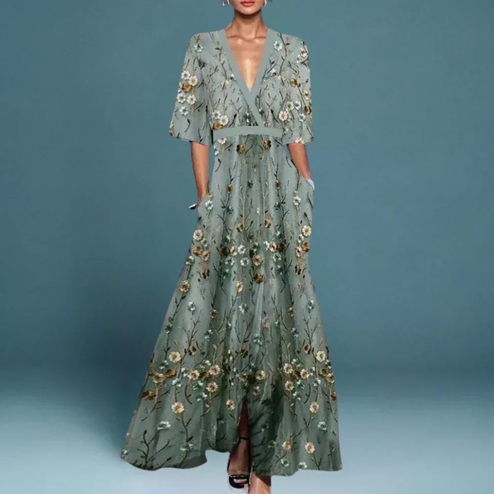 Giselle Vaumont | Floral Embroidered Maxi Dress in Sage Green