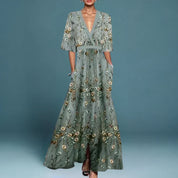 Giselle Vaumont | Floral Embroidered Maxi Dress in Sage Green